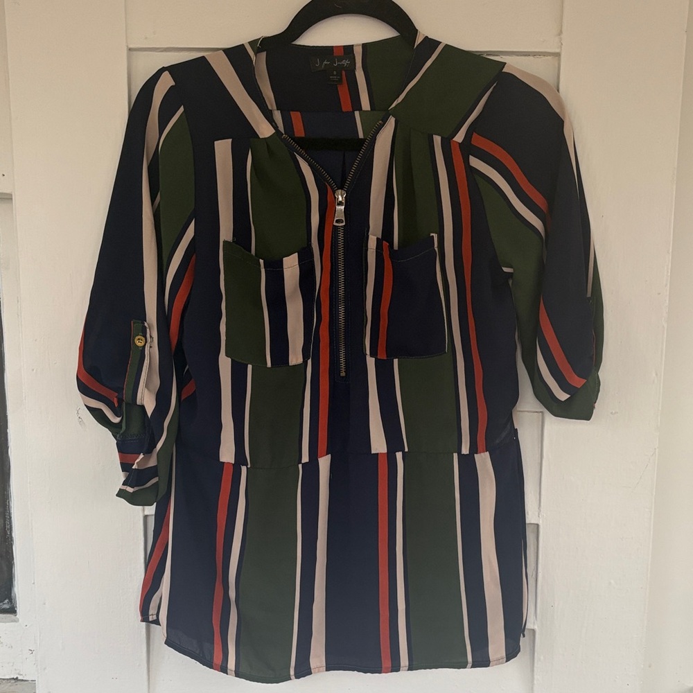 J for Justify Striped Zip-Front Tunic in Navy, Olive & Rust